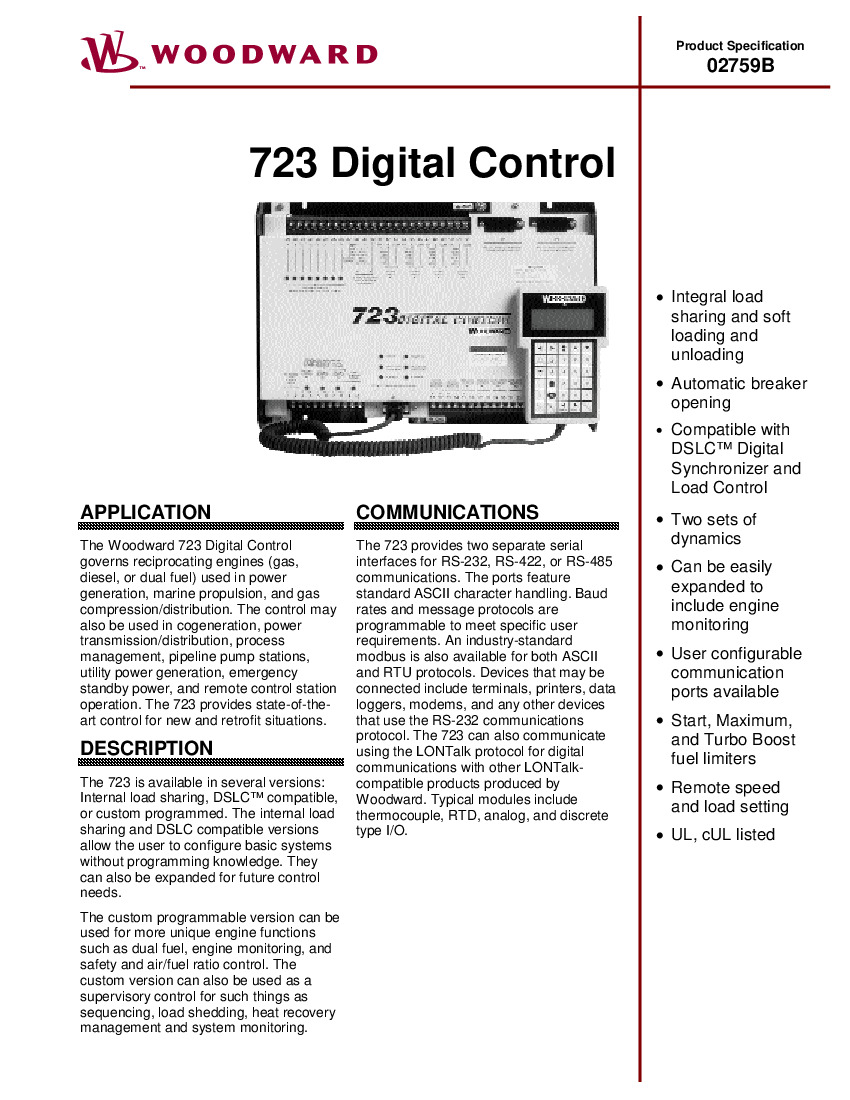 First Page Image of 8280-207 Woodward 723 Digital Control Product Spec 02759B.pdf